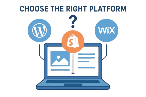 Illustration showing how to build a website by choosing the right platform, featuring icons of WordPress, Shopify, and Wix above a laptop screen with the heading “Choose the Right Platform.”