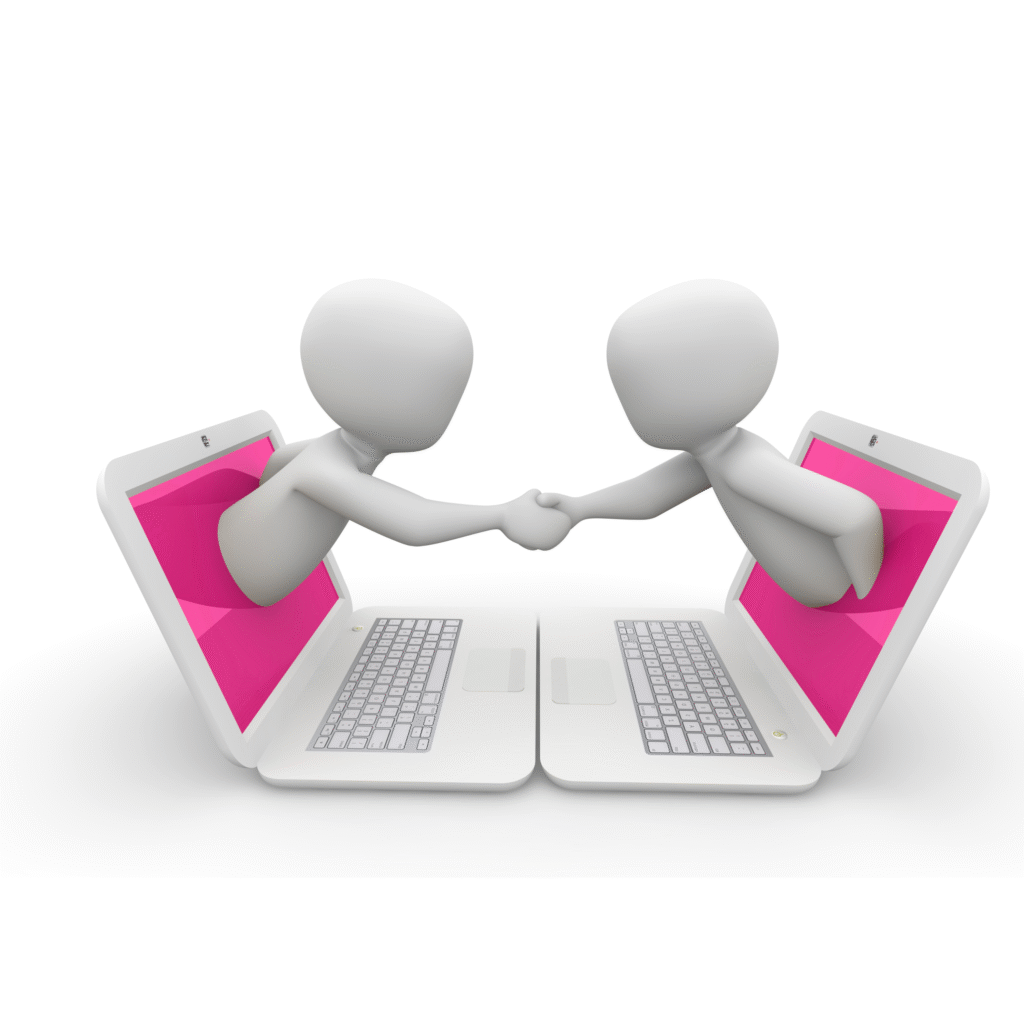 Two 3D figures reach out from laptop screens to shake hands, representing online collaboration and connection, which is essential for "How to Build a Website."