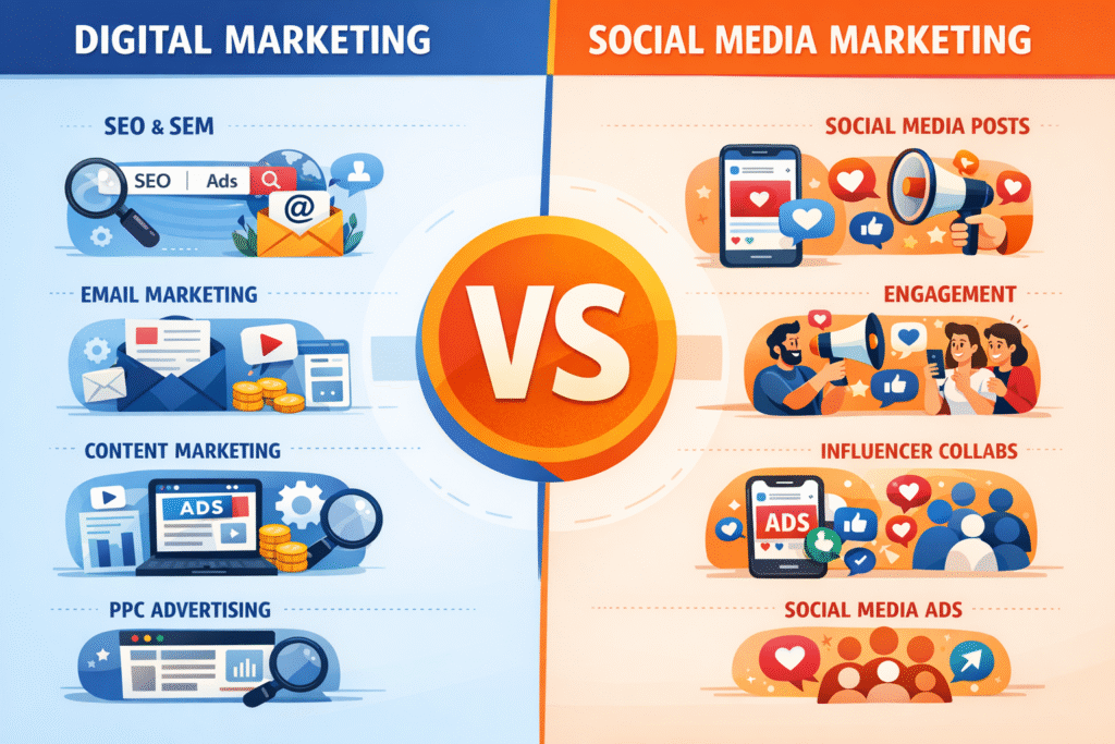 difference between digital marketing & social media marketing
